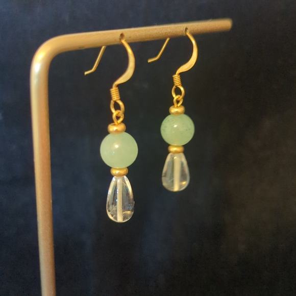Handmade Adventurine & Glass French Wire Gold Tone Dangle Earrings - Picture 2 of 4